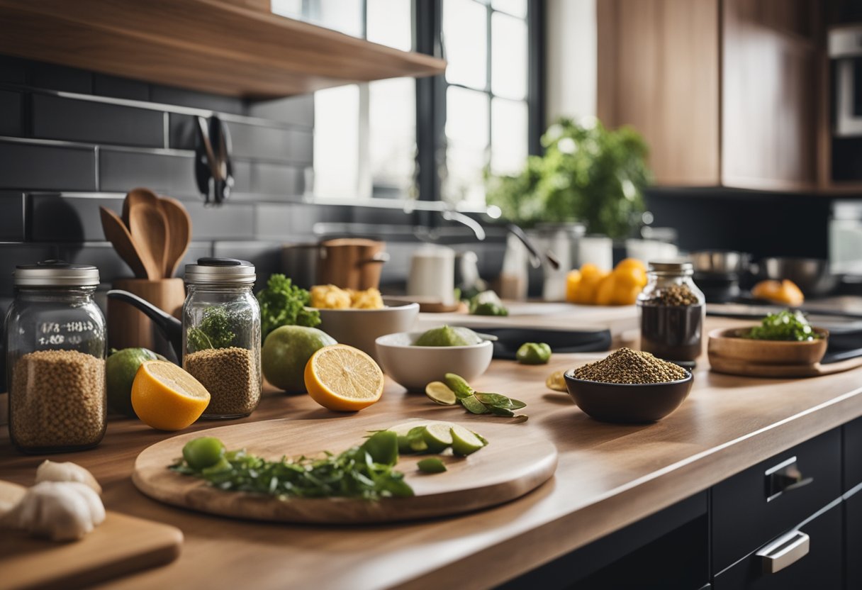 A kitchen counter with ingredients laid out, a timer set for 30 minutes, and a cookbook open to quick dinner recipes