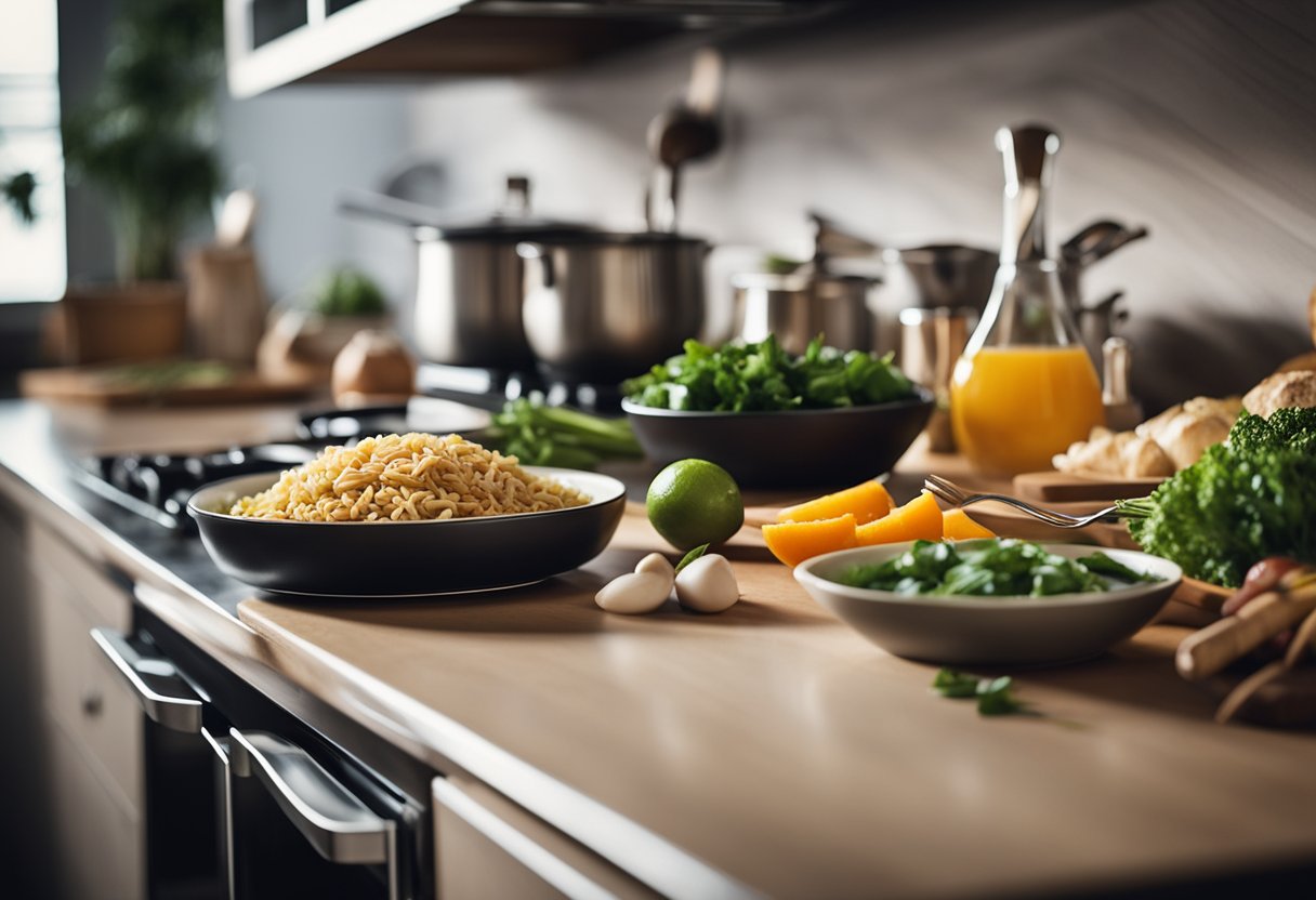 A kitchen counter with various ingredients and cooking utensils laid out, a timer set for 30 minutes, and a finished dinner plate ready to be served