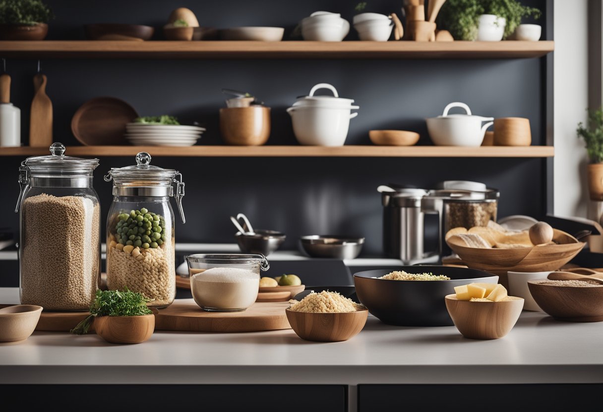 A well-organized kitchen with ingredients and utensils laid out for quick 30-minute dinners. Timer ticking in the background