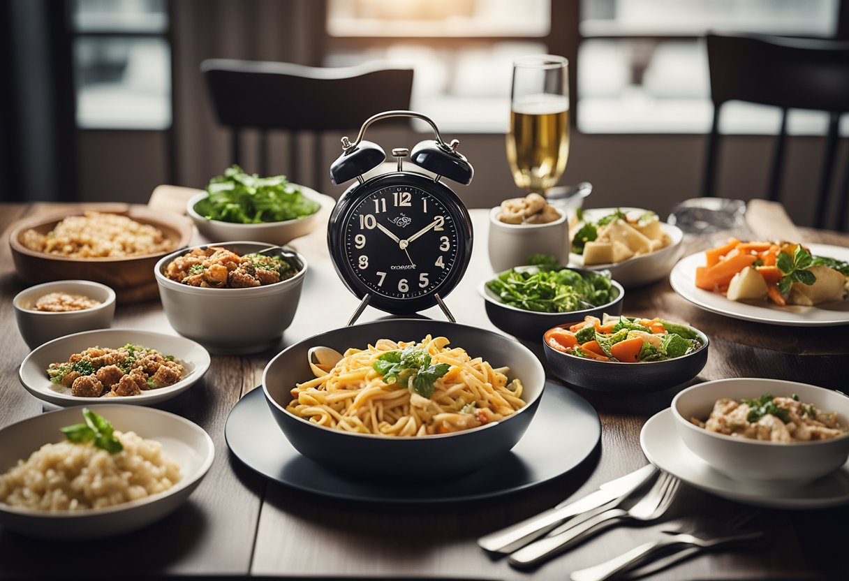 A table set with a variety of quick dinner options, a clock showing 30 minutes, and a list of frequently asked questions about fast meals