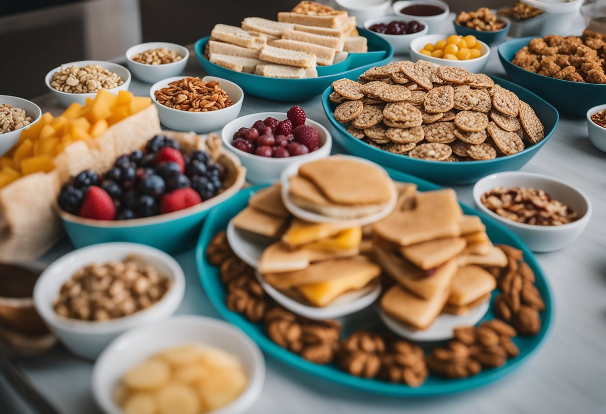 A table with a variety of quick and practical snacks, such as sandwiches, fruits, and granola bars, neatly arranged on colorful plates and in easy-to-grab containers