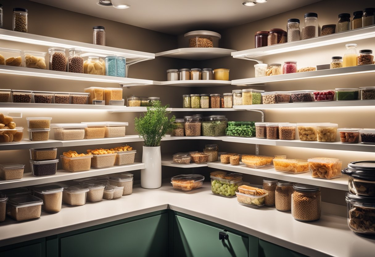 A kitchen counter with various containers of prepped snacks and a fridge with labeled shelves for easy access