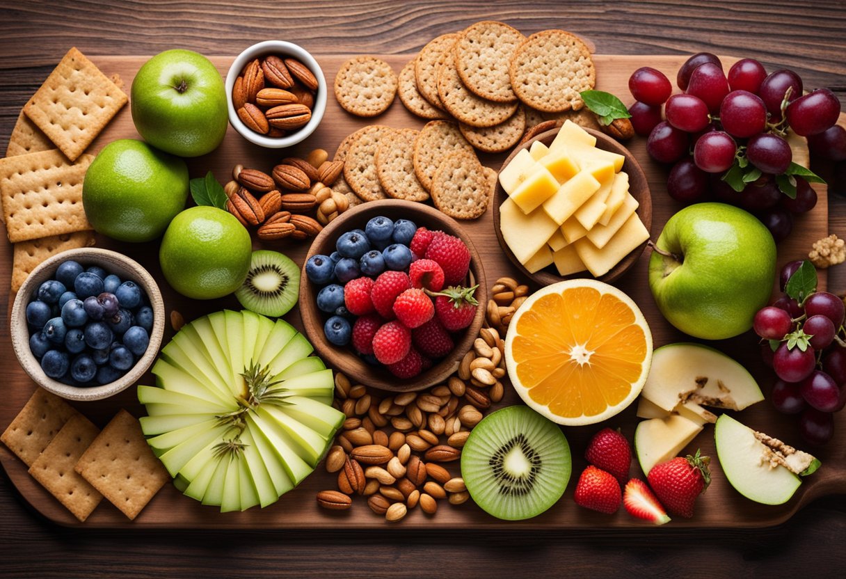 A colorful array of fresh fruits, nuts, and whole grain crackers arranged on a wooden cutting board, with a glass of water nearby