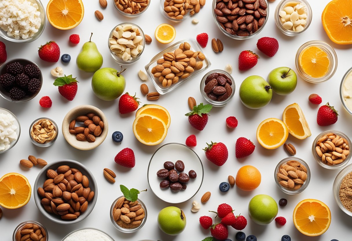 A selection of simple dessert ingredients laid out on a clean, white countertop. The ingredients are colorful and varied, including fruits, nuts, chocolate, and other sweet toppings