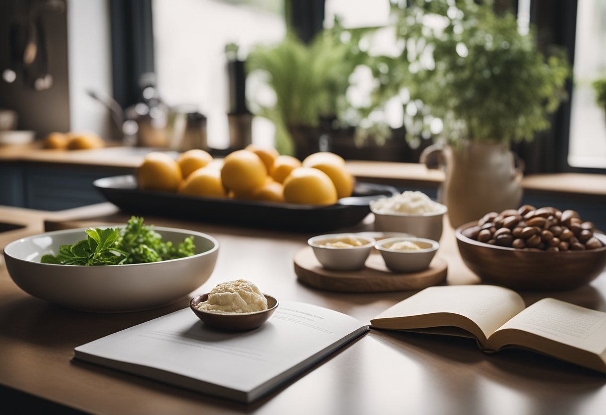 A simple kitchen counter with a few basic ingredients and a recipe book titled "Quick Dessert Recipes."