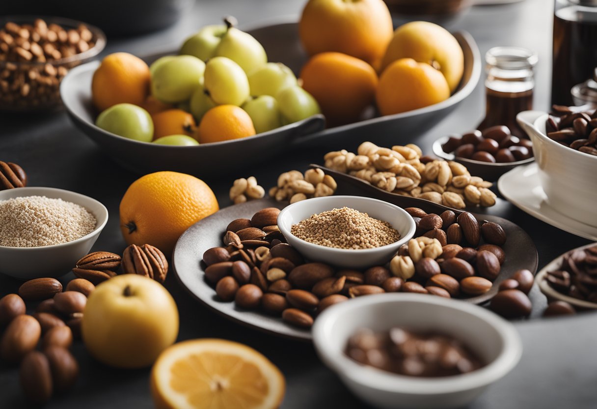 A simple kitchen counter with a few basic ingredients like fruit, chocolate, and nuts. A mixing bowl, a whisk, and a serving platter are nearby