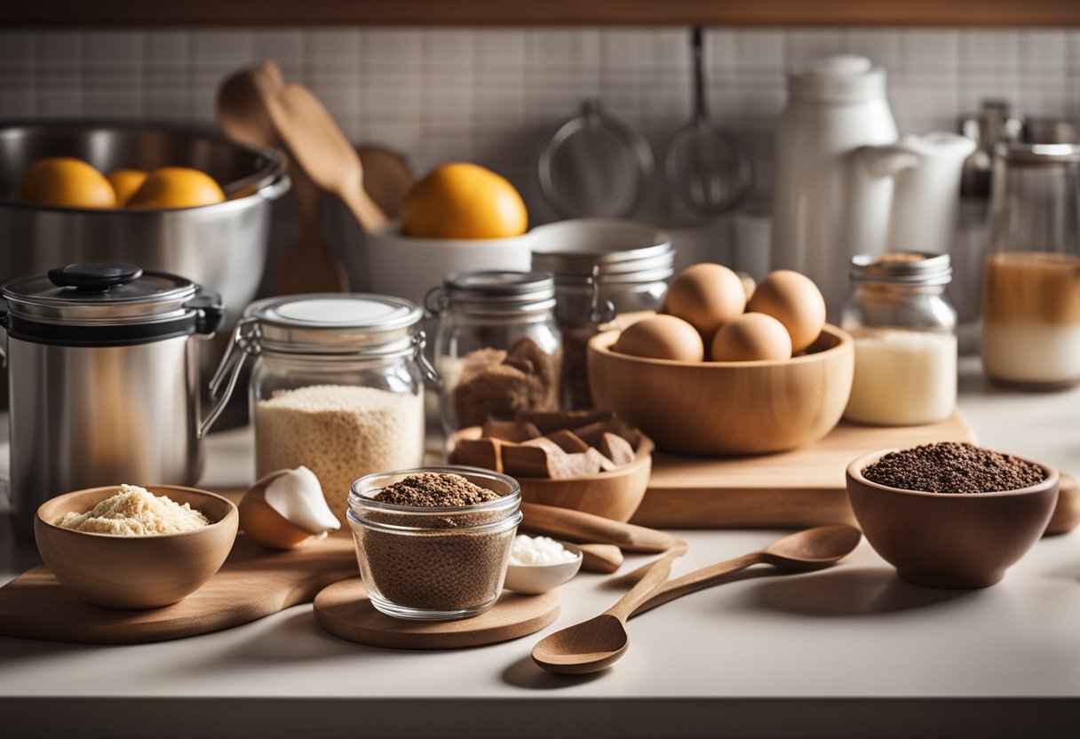 A simple kitchen counter with a few basic ingredients and utensils for making quick desserts