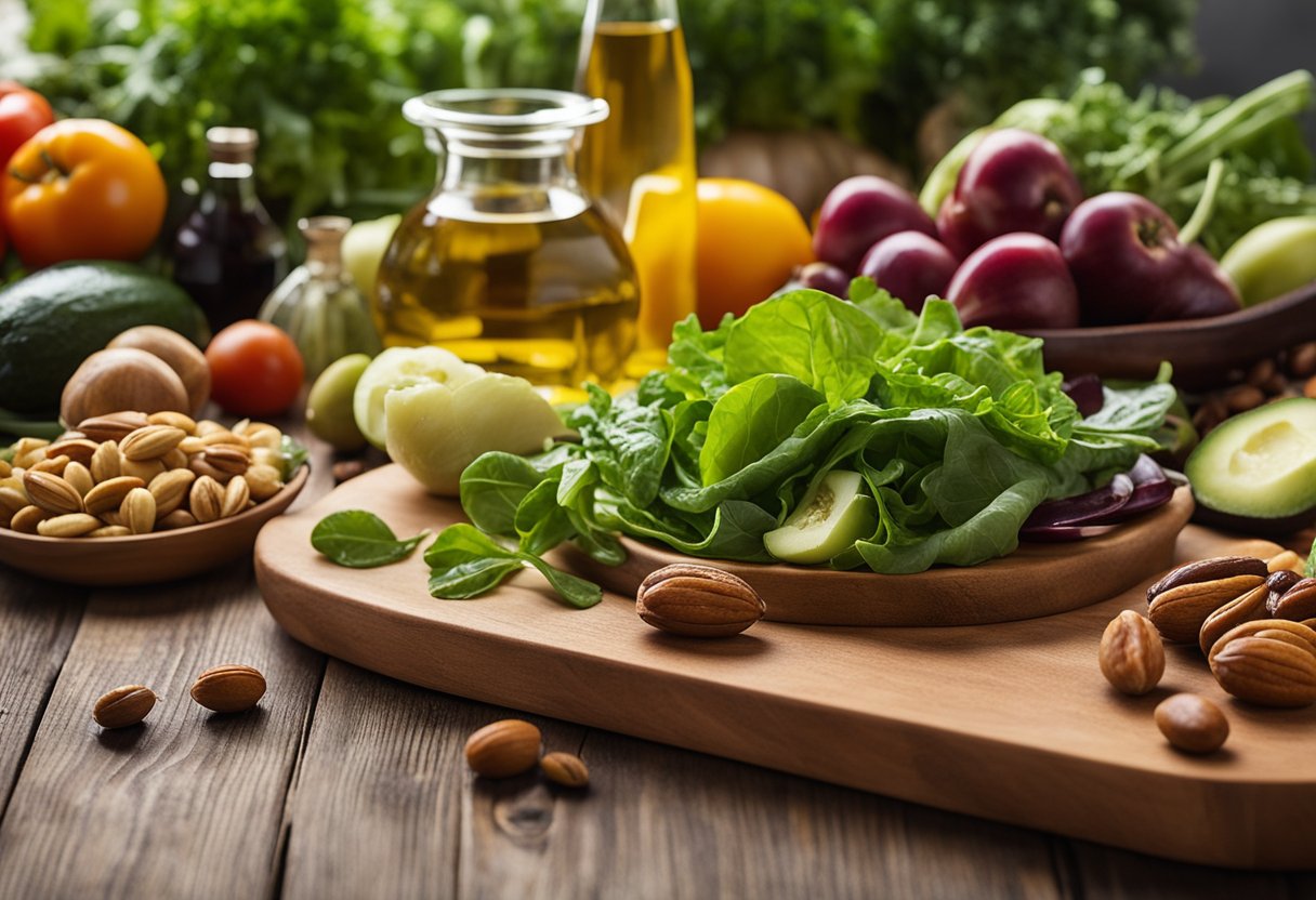 A colorful array of fresh vegetables, fruits, and nuts arranged on a wooden cutting board, with a bottle of olive oil and a bowl of mixed greens in the background