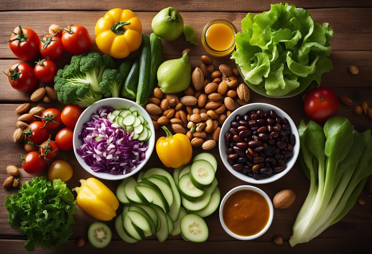 A colorful array of fresh vegetables, fruits, and nuts arranged on a wooden table, with a bowl of vibrant salad dressing nearby