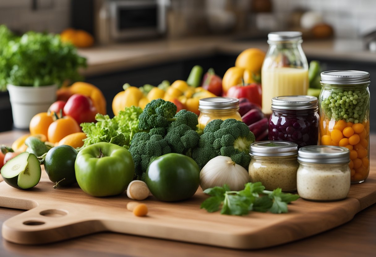 Fresh vegetables and fruits arranged on a clean cutting board, surrounded by various containers for storage. A bottle of dressing sits nearby