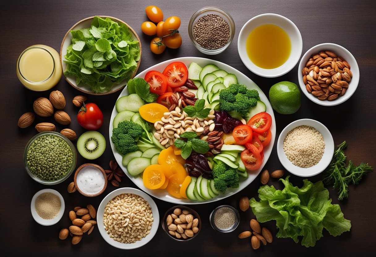 A table spread with colorful and nutritious salad ingredients, including fresh vegetables, fruits, nuts, and seeds. A variety of salad dressings and utensils are also displayed