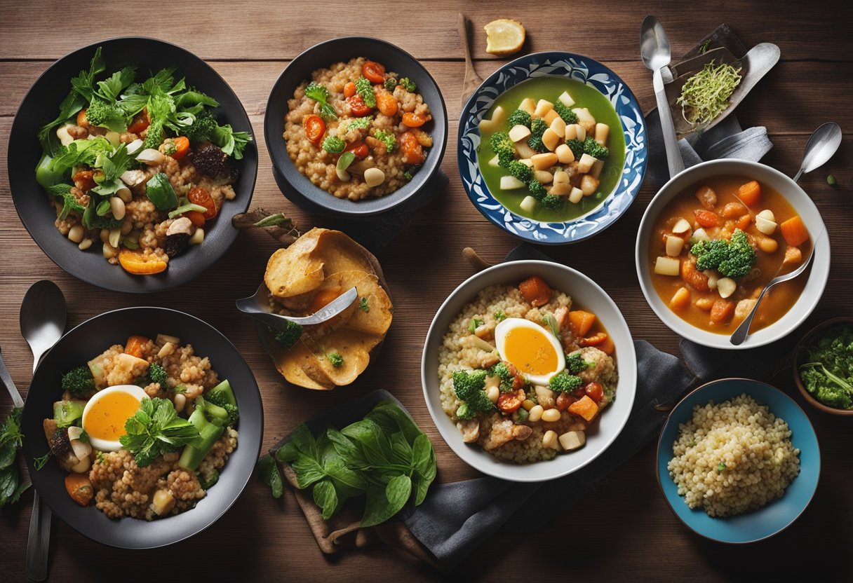 A table set with a variety of colorful and nutritious one-pot meals for quick and easy dining