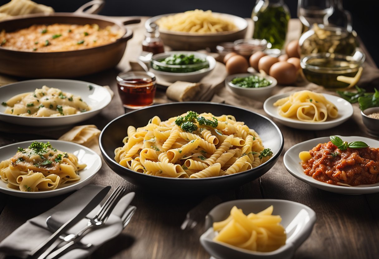 A table set with various pasta dishes, including spaghetti, lasagna, and ravioli, surrounded by utensils and condiments