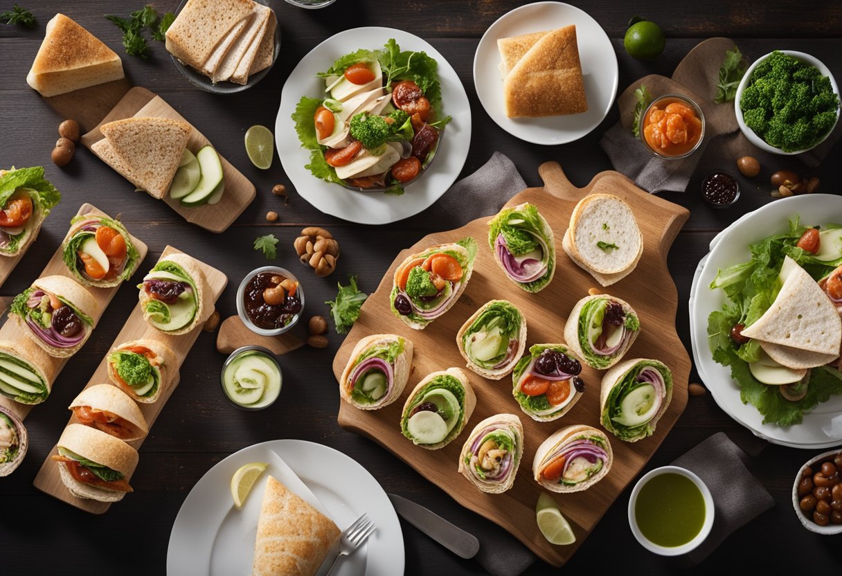 A table set with a variety of sandwiches and wraps, ready for a quick meal