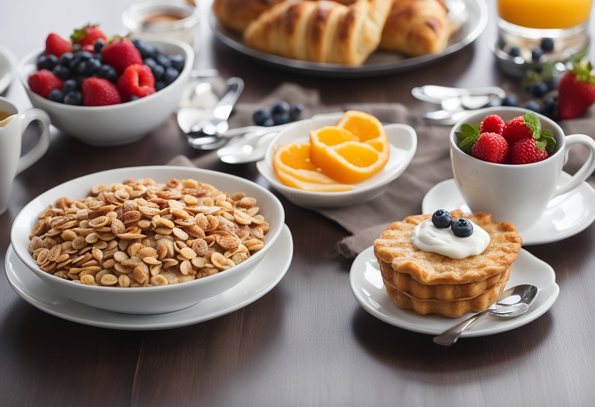 A table set with a variety of quick breakfast options: cereal, fruit, yogurt, and pastries. A clock on the wall reads 8:00 AM