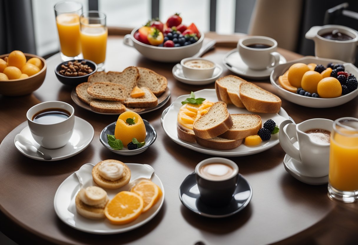 A table set with a colorful array of breakfast foods, including fruits, bread, and a steaming cup of coffee, all arranged neatly on a stylish plate and tray