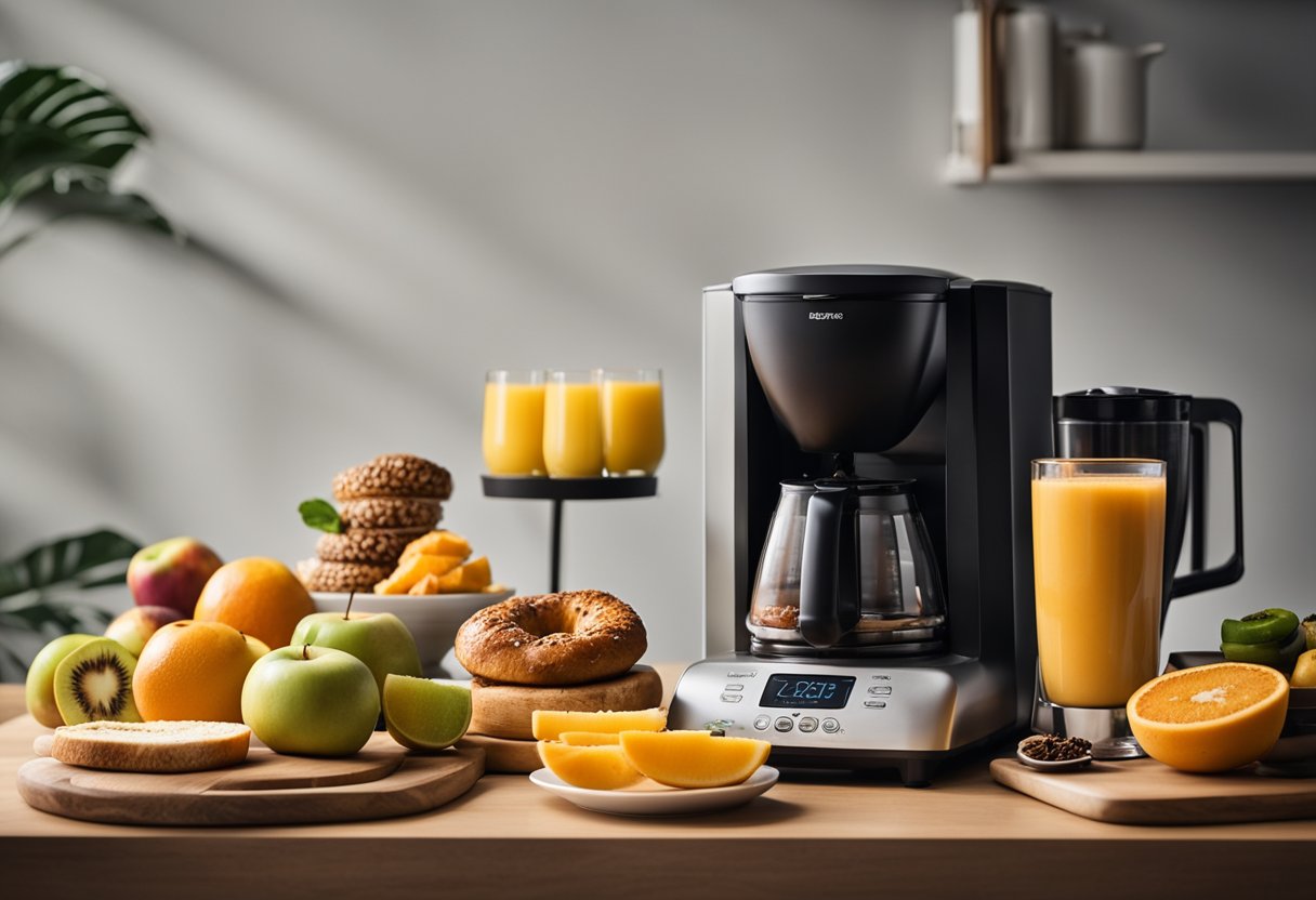 A table set with a toaster, coffee maker, and pre-sliced fruits. A clock on the wall reads 9:50. A person grabs a ready-made smoothie and a toasted bagel