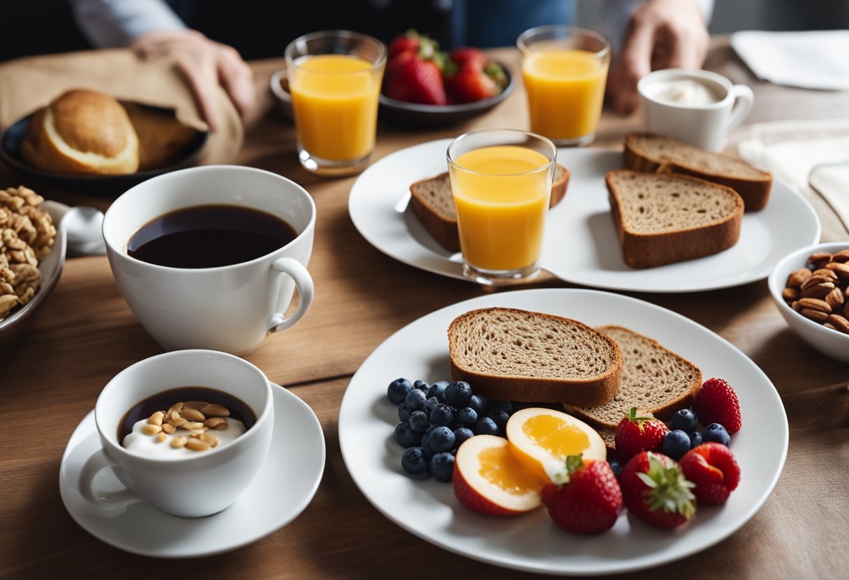 A breakfast table with a variety of healthy food options, including fruits, whole grain bread, yogurt, and nuts, neatly arranged on a white plate and a cup of coffee on the side