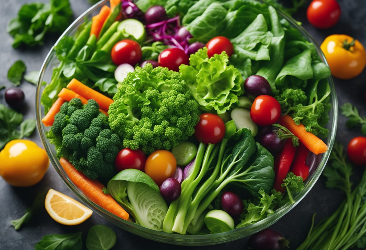 A colorful array of fresh, leafy greens, vibrant vegetables, and detoxifying ingredients arranged in a bowl, emitting a sense of health and vitality