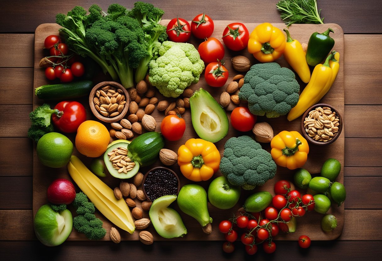 A vibrant array of fresh, colorful vegetables and fruits arranged on a wooden cutting board, surrounded by various nuts, seeds, and superfoods