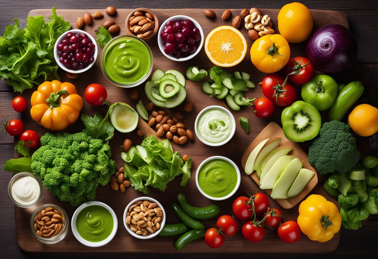 A colorful array of fresh vegetables, fruits, and nuts arranged on a wooden cutting board, with a bowl of vibrant green salad dressing on the side