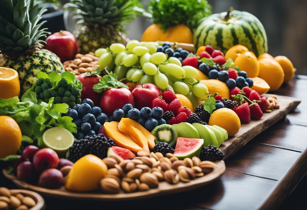 A table with a variety of colorful and fresh fruits, vegetables, and nuts arranged in an appealing and appetizing display