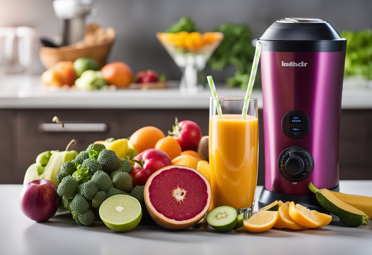 A vibrant array of fresh fruits and vegetables, a blender, and a glass filled with a colorful smoothie or natural juice