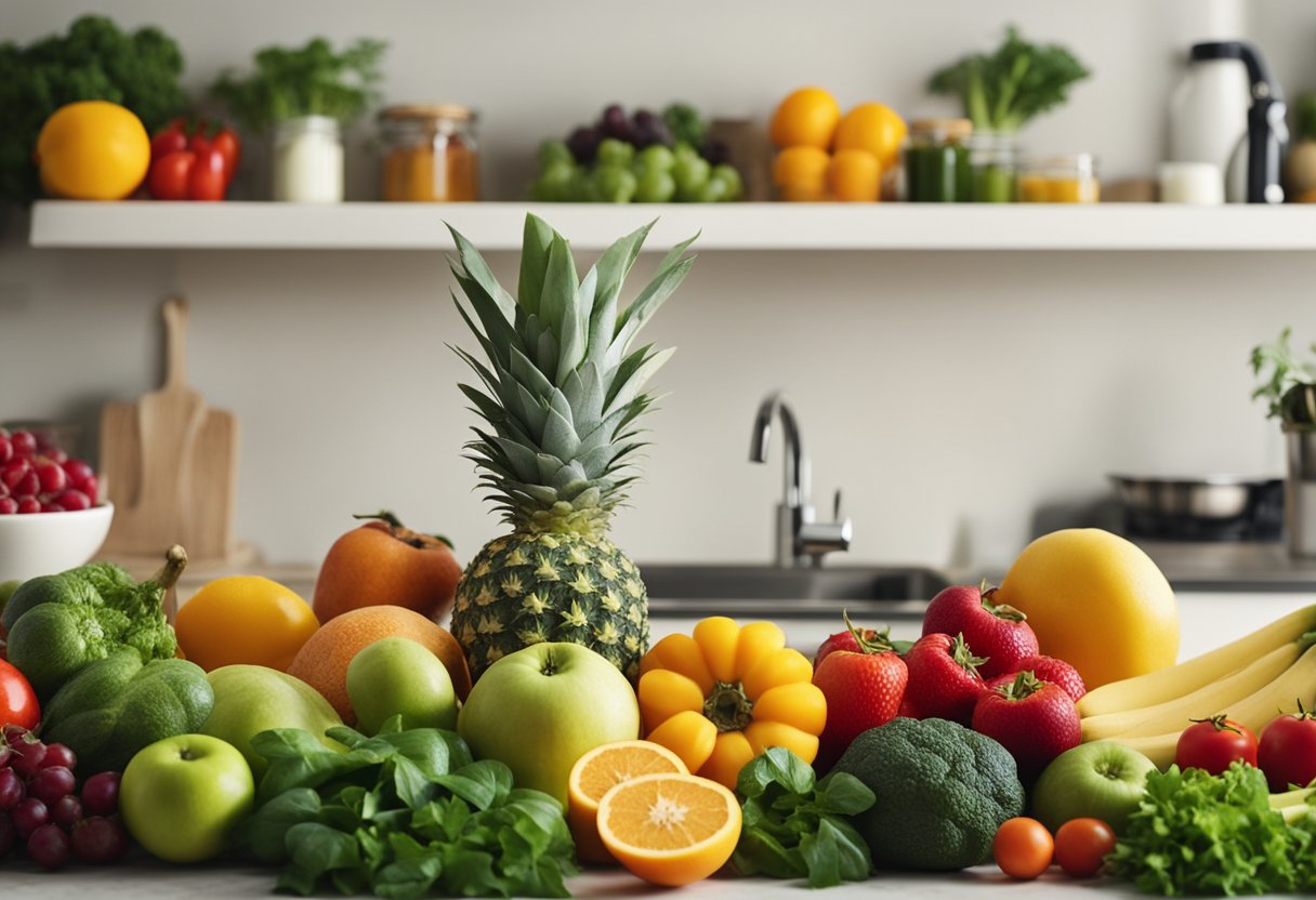 A variety of fresh fruits and vegetables are laid out on a kitchen counter, ready to be used in making smoothies and natural juices