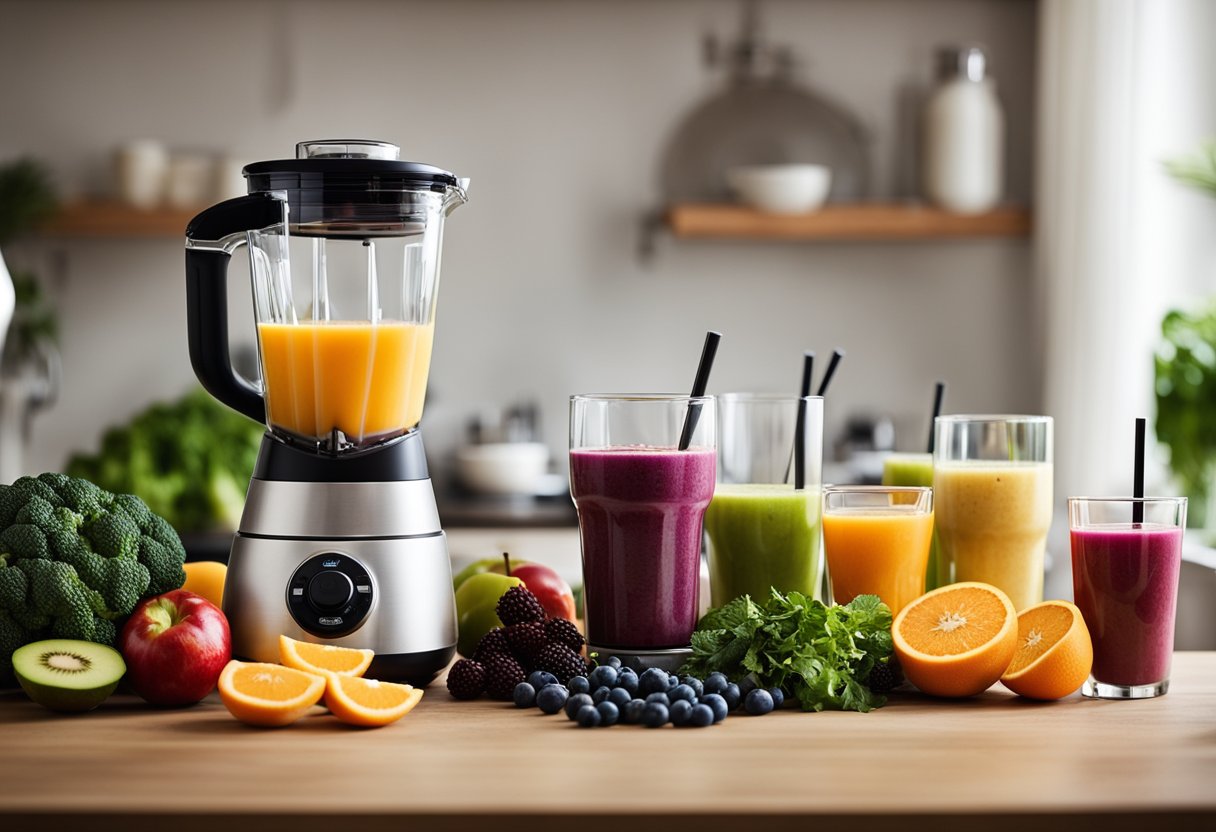 A table with a blender, fresh fruits, and vegetables. Glasses filled with colorful smoothies and natural juices