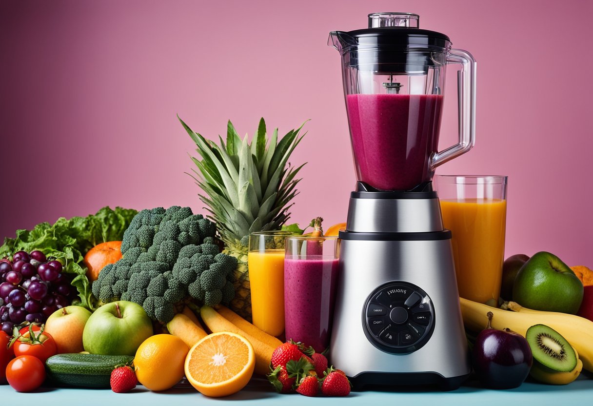 A colorful array of fresh fruits and vegetables, a blender, and a glass filled with a vibrant smoothie or natural juice