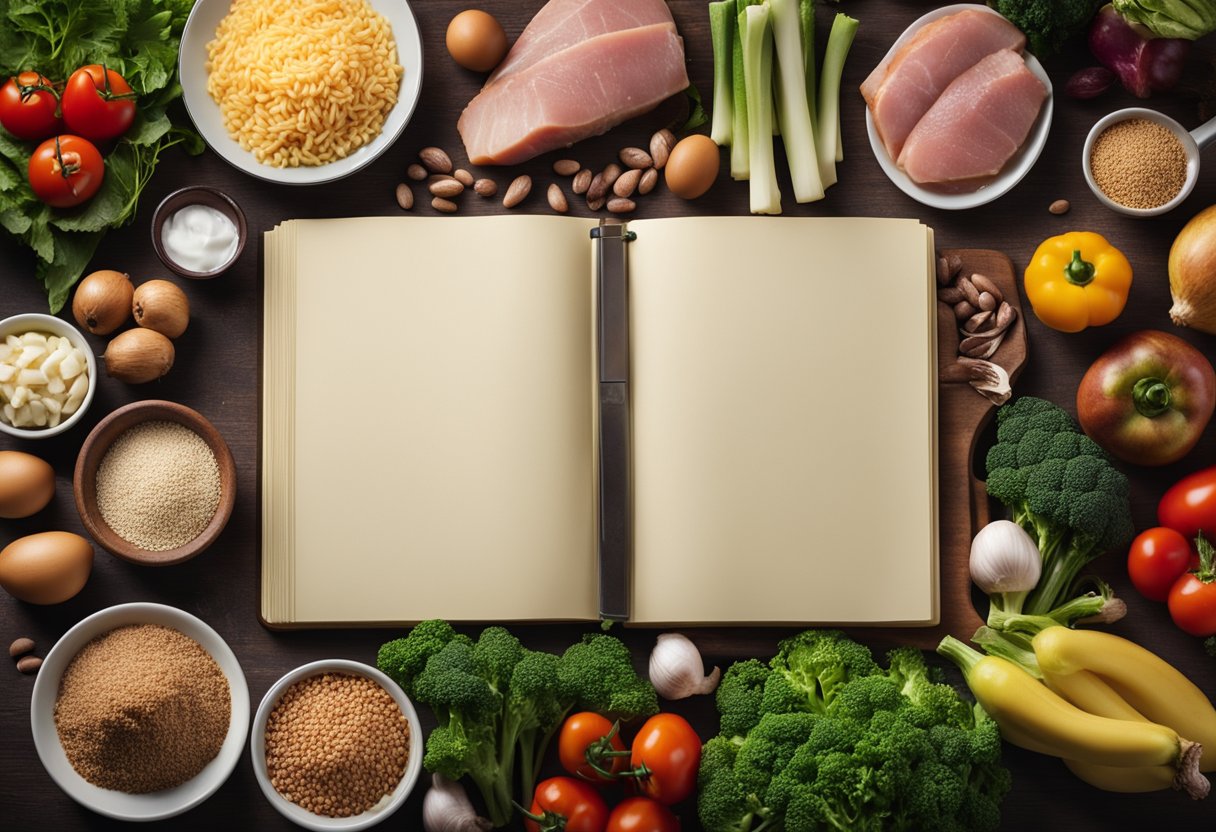 A table filled with various low carb food ingredients, such as vegetables, lean meats, and healthy fats. A cookbook open to a page titled "Low Carb Recipes for Everyday."