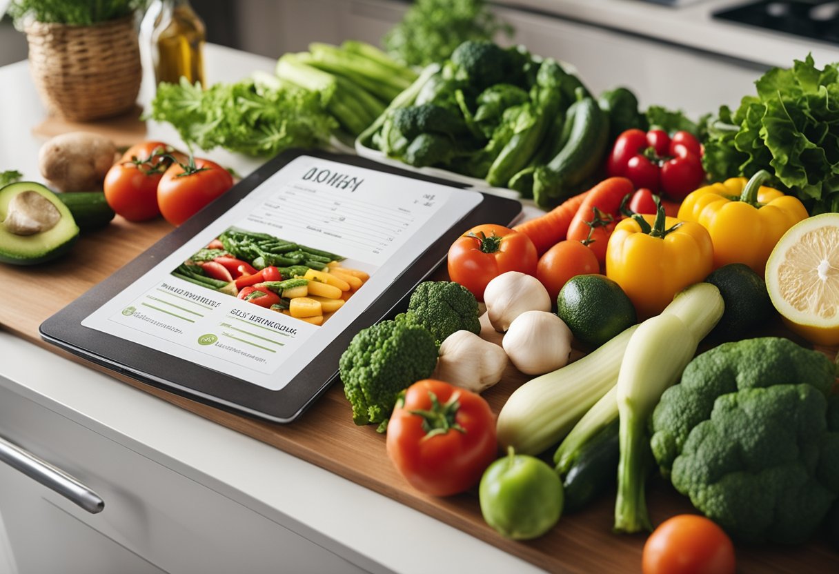 A kitchen counter with a variety of fresh vegetables, lean proteins, and healthy fats. A meal planner and recipe book open to low carb options