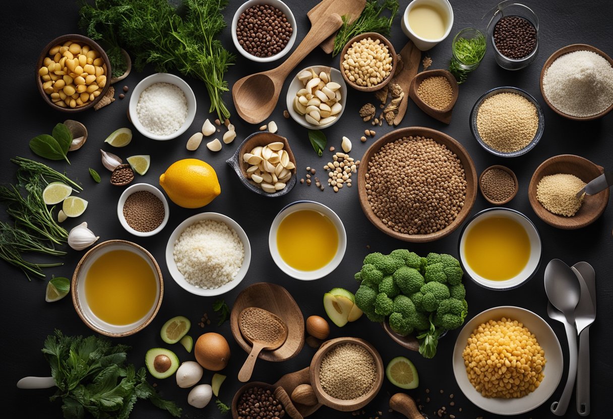 A kitchen counter with various low carb ingredients and cooking utensils arranged neatly for everyday recipes