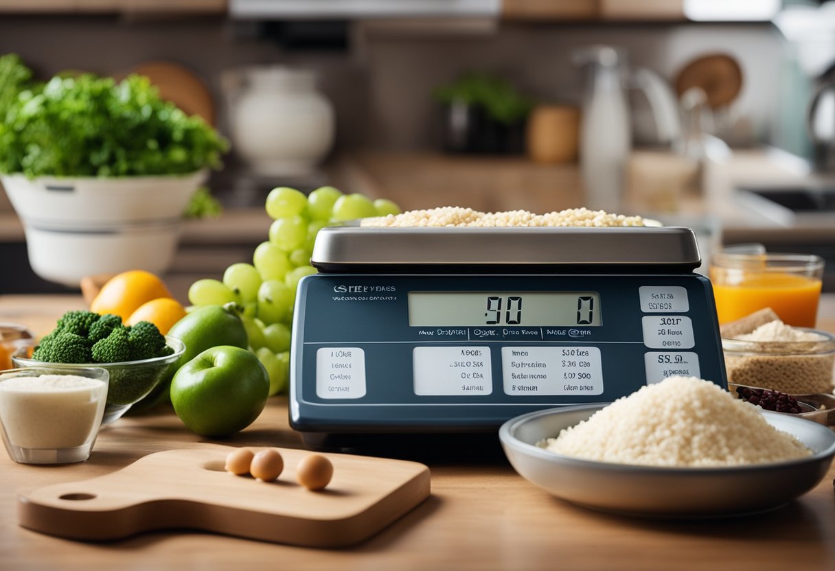 A kitchen counter with low carb ingredients and recipe books. A plate of low carb food next to a measuring scale