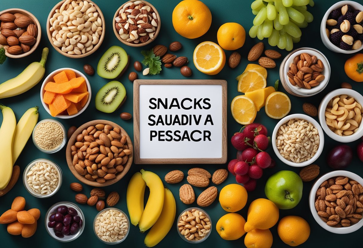 A variety of healthy snacks arranged on a table, including fruits, nuts, and vegetables. Bright and colorful packaging with the words "Snacks saudáveis para petiscar" prominently displayed