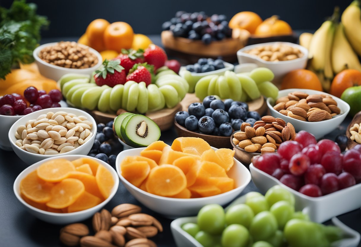 A variety of healthy snacks displayed on a table, including fruits, nuts, and vegetables. Bright colors and fresh textures