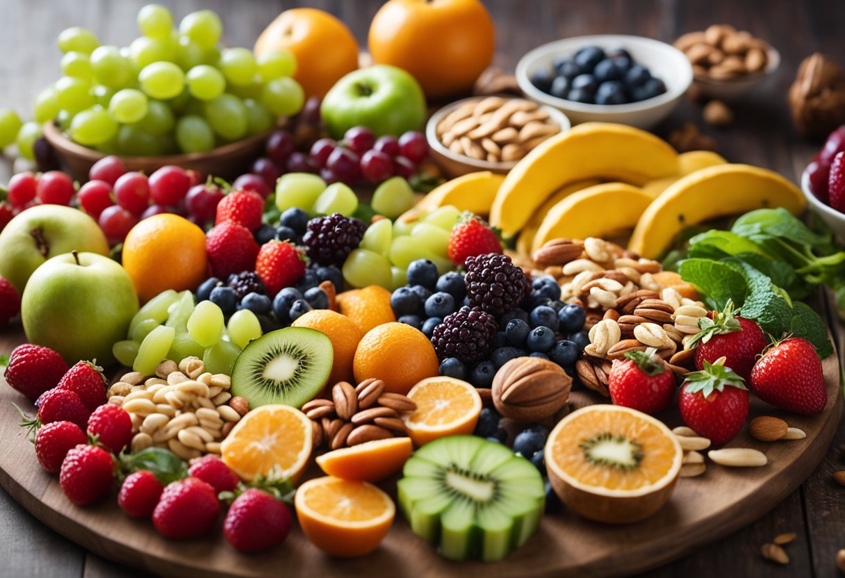 A variety of healthy snacks laid out on a table, including fruits, nuts, and vegetables. An inviting and colorful display for snacking