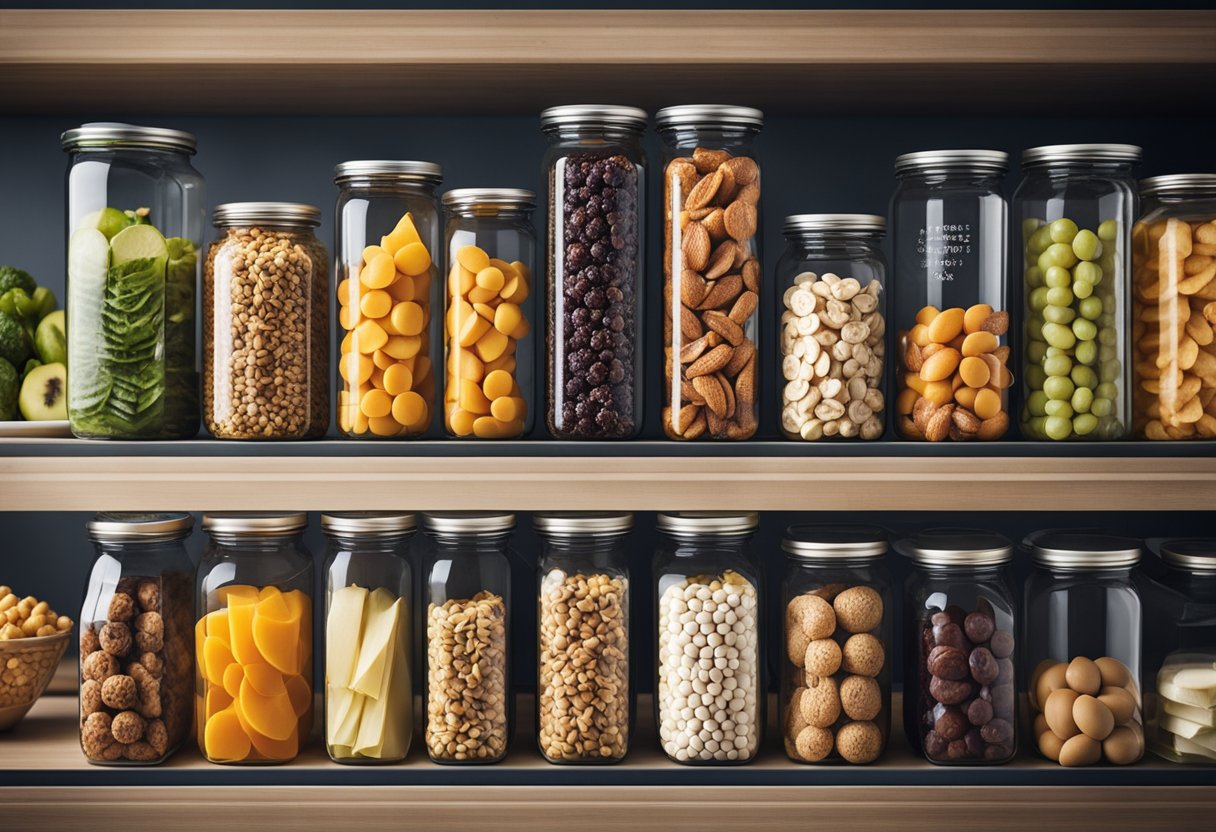 A variety of healthy snacks displayed on a shelf with clear labels for easy identification. Properly sealed containers ensure freshness and quality