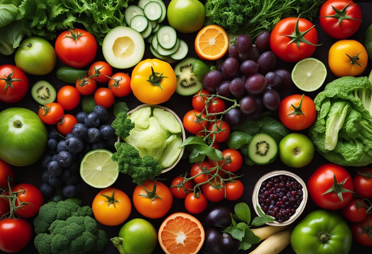 A colorful array of fresh vegetables and fruits arranged on a table, with vibrant leafy greens, ripe tomatoes, and assorted herbs