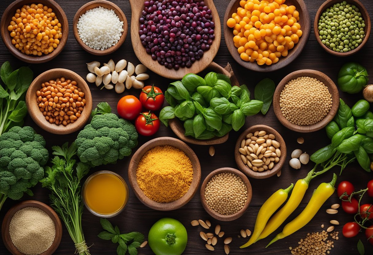 A variety of fresh vegetables, grains, legumes, and plant-based proteins arranged on a wooden cutting board. Herbs and spices scattered around