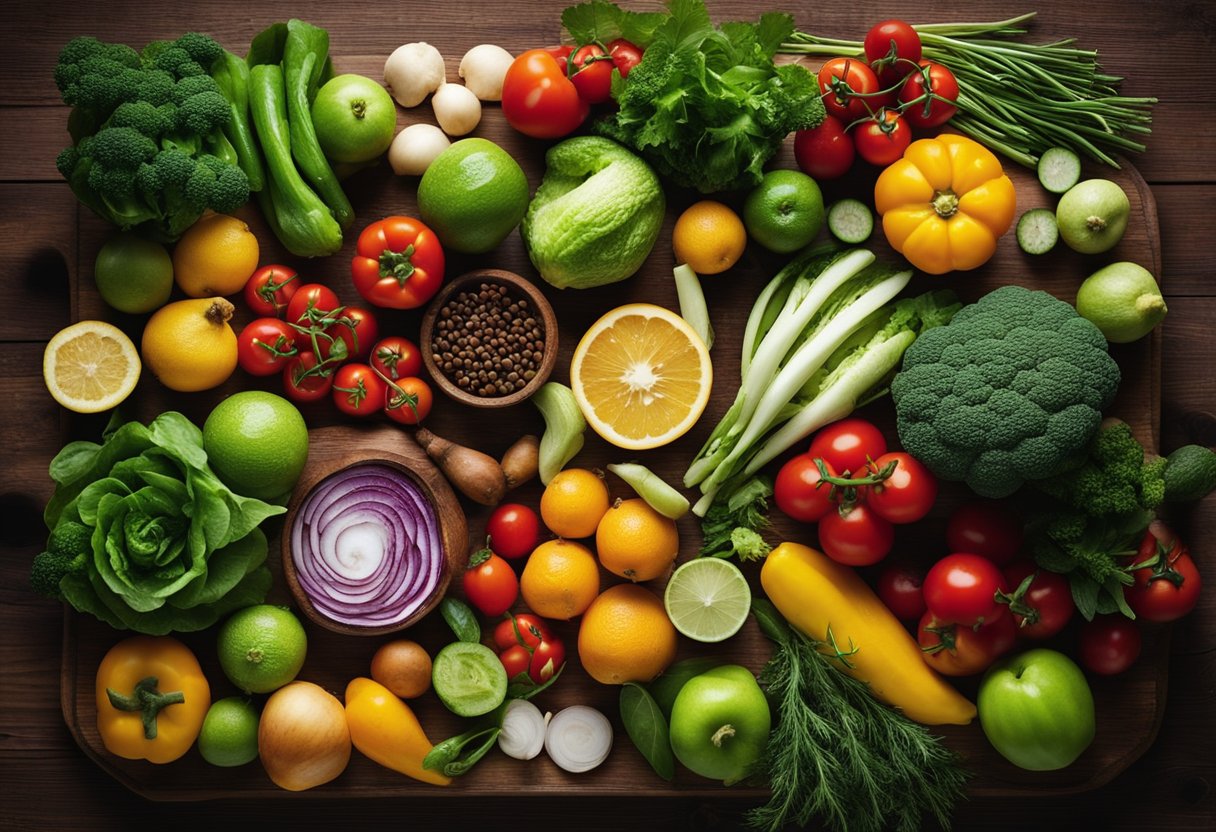 A colorful array of fresh vegetables and fruits, neatly arranged on a wooden cutting board, with a variety of herbs and spices scattered around