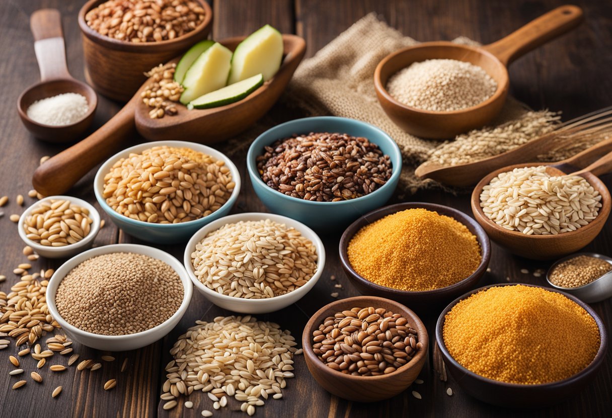 A colorful array of whole grains, such as quinoa, brown rice, and oats, arranged on a wooden tabletop with recipe books and cooking utensils nearby