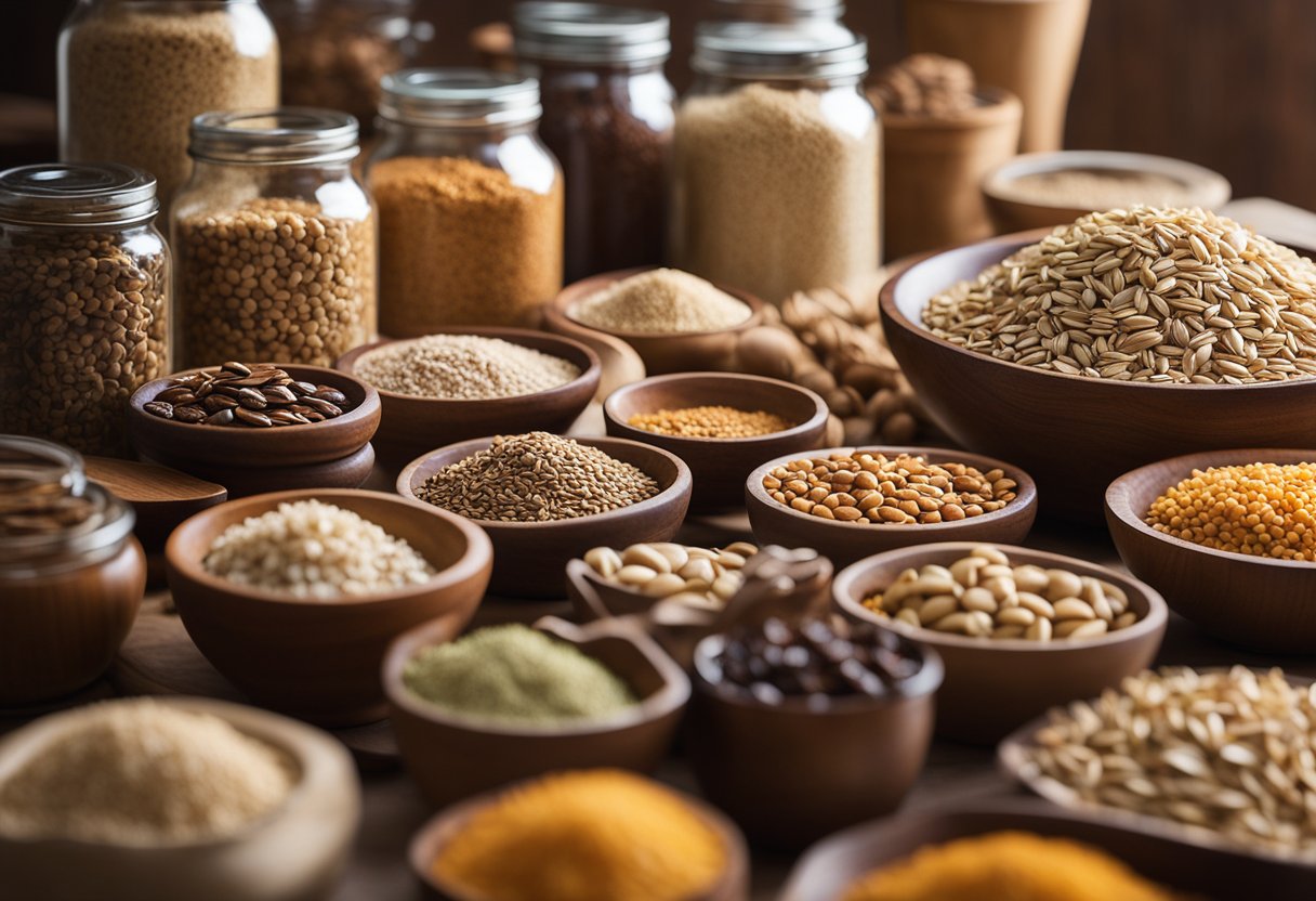 A kitchen counter with a variety of whole grains, nuts, and seeds in glass jars and wooden bowls. A cookbook open to a page titled "Basic Recipes with Whole Grains" is nearby