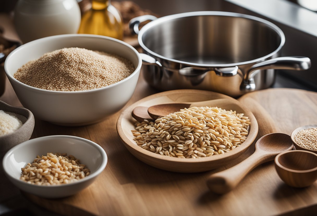 A kitchen counter with assorted whole grains, a cookbook titled "Advanced Recipes with Whole Grains," and cooking utensils