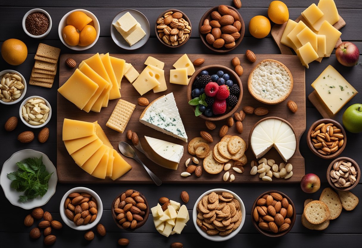 A table spread with an assortment of colorful and appetizing ingredients, including cheeses, fruits, nuts, and crackers, arranged in an inviting and visually appealing display