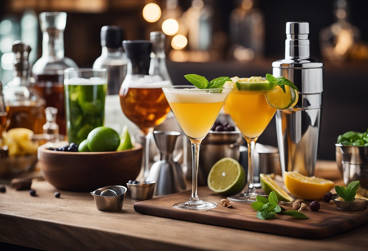 A table with various cocktail-making tools and ingredients, including shakers, jiggers, muddlers, and bottles of liquor and mixers