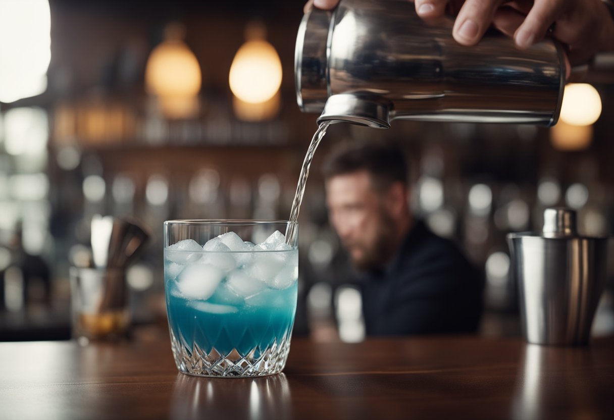 A bartender pours ingredients into a shaker, adds ice, and vigorously shakes. A glass sits nearby, ready to be filled with the freshly prepared cocktail