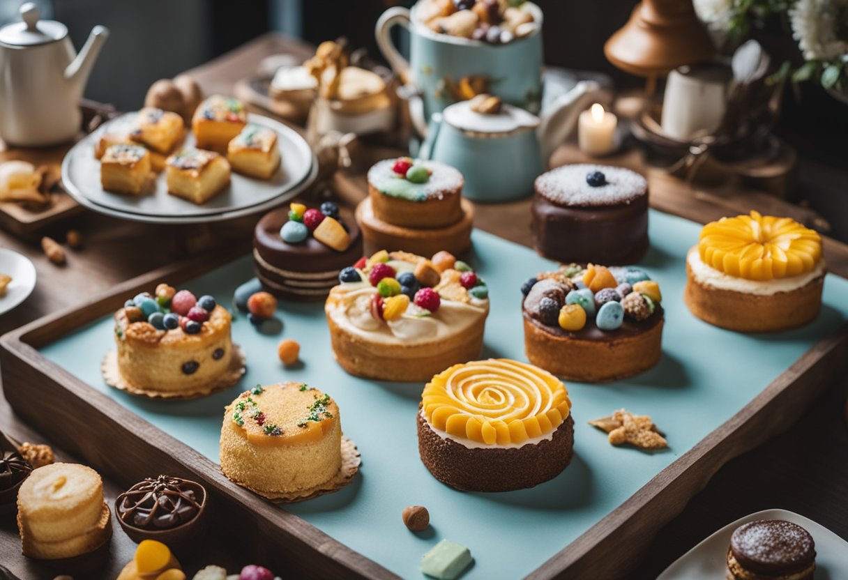 A table filled with colorful and intricately decorated cakes and pastries, surrounded by baking tools and ingredients