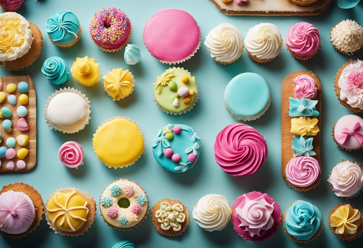 A table filled with colorful icing, piping bags, and various tools for decorating cakes and pastries