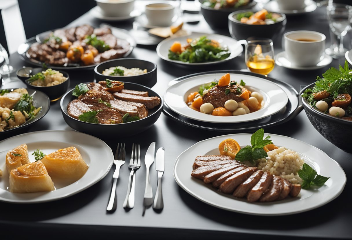 A table set with elegant plates of meat dishes, ready to impress as main courses